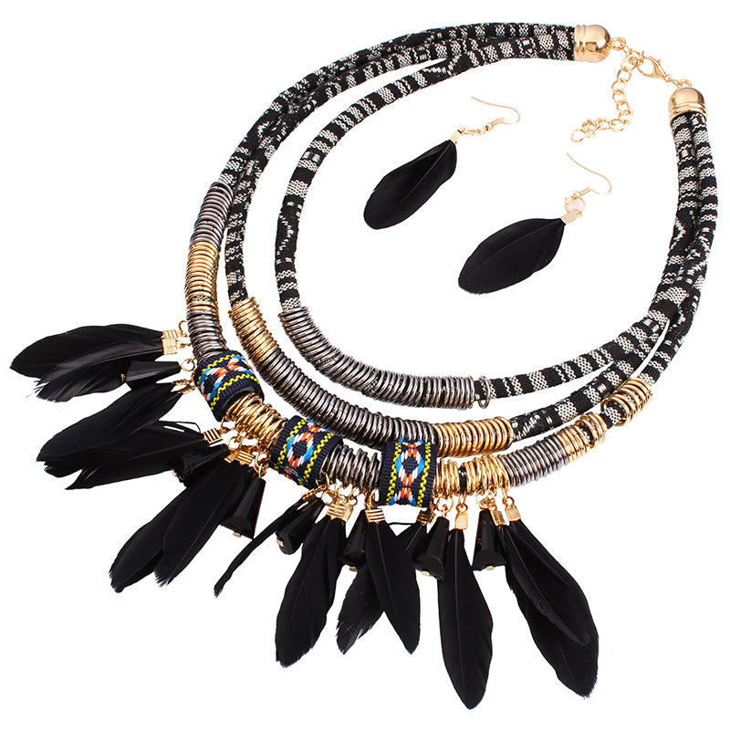 Bohemian multi-layered braided necklace feather pendant performance ethnic accessories