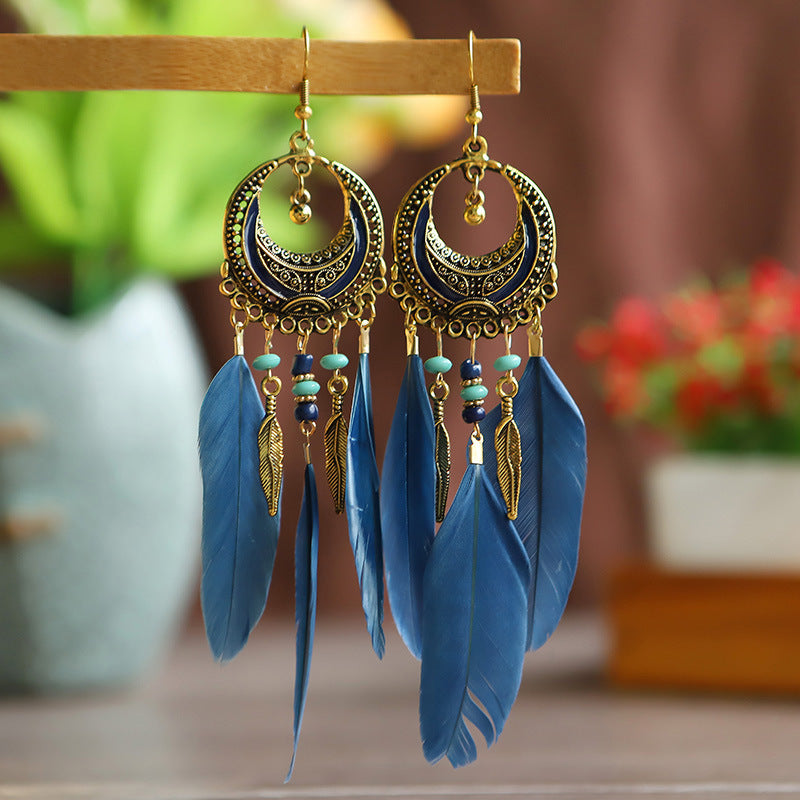 Ethnic Style Earrings, Bohemian Feather Earrings, Long Rice Bead Ear Hooks, Personalized and Versatile Tibetan Earrings for Women