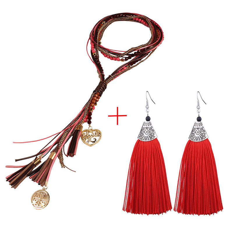 Retro bohemian long necklace set ethnic style earrings