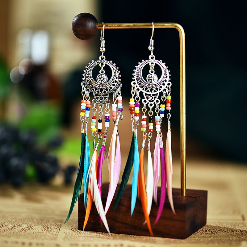 Bohemian style feather earrings, colorful and versatile long earrings, retro ethnic style earrings