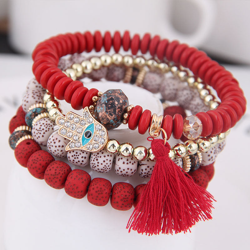 Ethnic style multi-layered bracelet Bohemian red glass bracelet tassel pendant hand rope jewelry