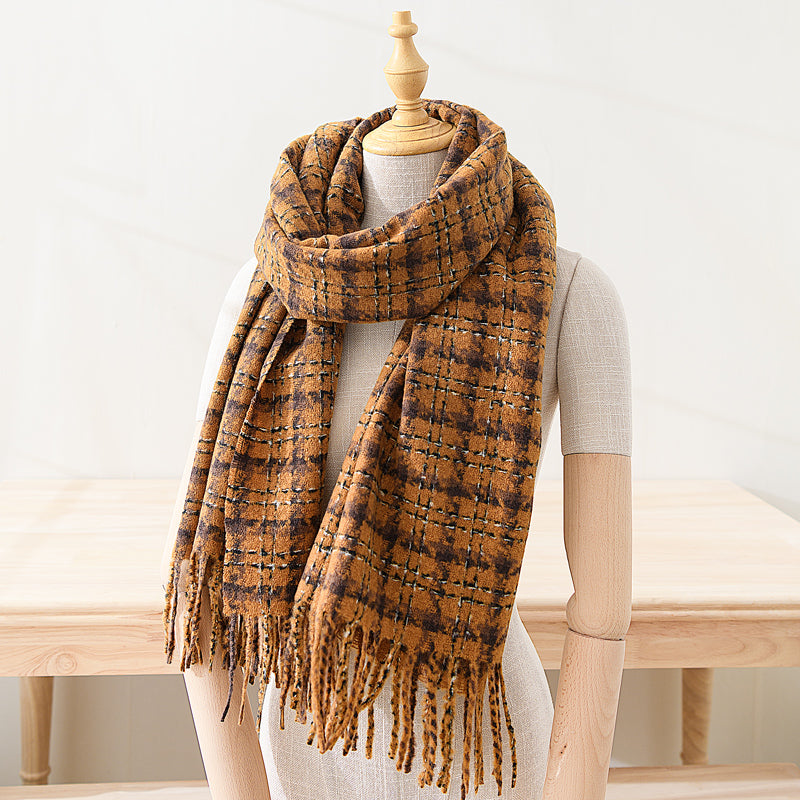 Cashmere-like thickened scarf, versatile and warm, fringed plaid shawl