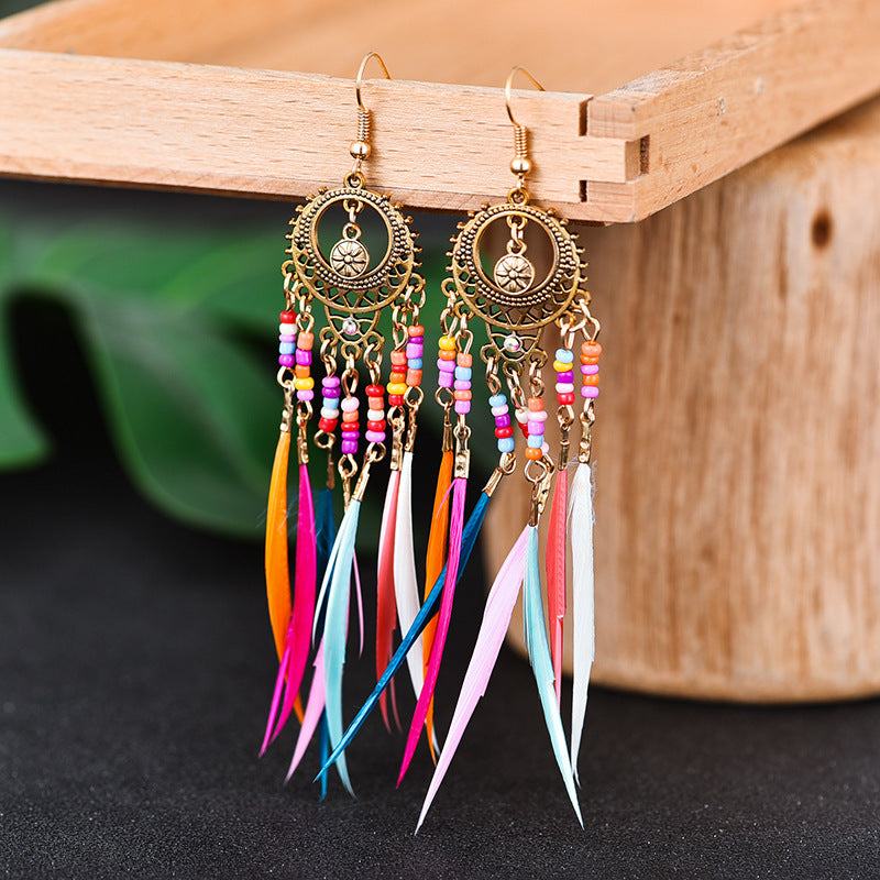 Bohemian style feather earrings, colorful and versatile long earrings, retro ethnic style earrings