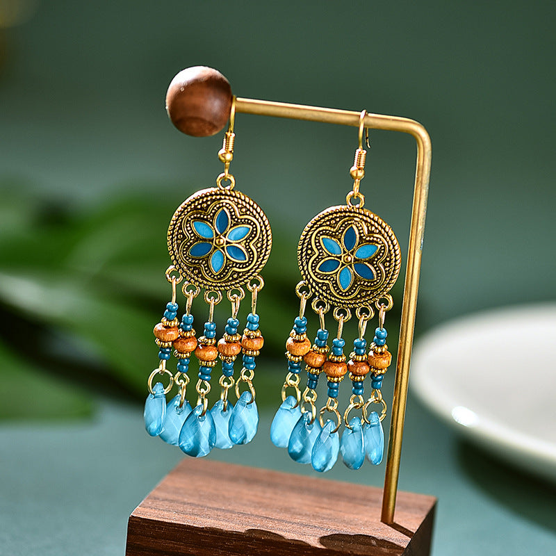 Bohemian style earrings, retro water drop tassels, trendy Yunnan style earrings, versatile personality and temperament earrings for women