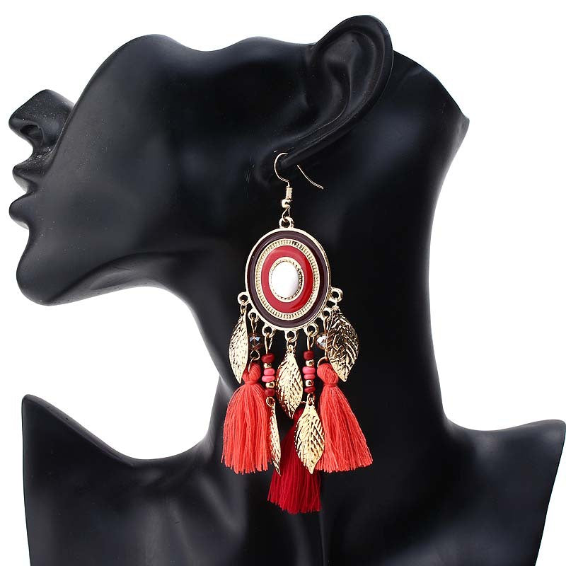 Ethnic style tassel long style versatile earrings gold leaf travel accessories