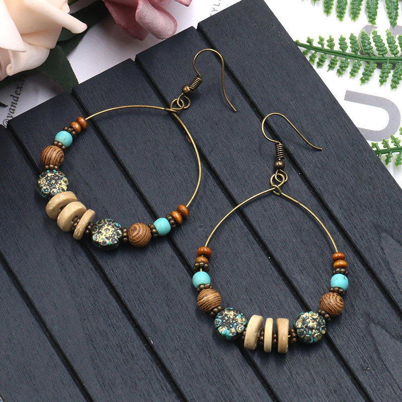 Retro ethnic style round hoop earrings with personalized beaded design and versatile earrings