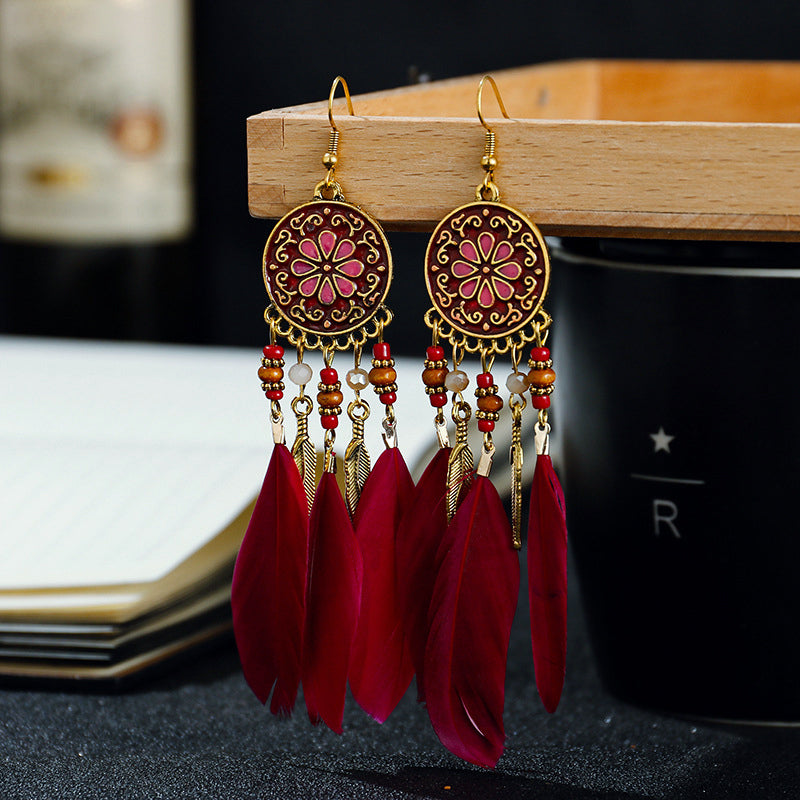 Ethnic style red feather earrings, personalized long style, retro and versatile cheongsam accessories