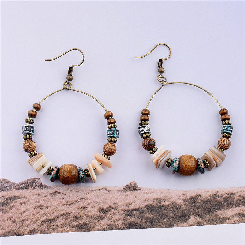 Retro ethnic style round hoop earrings with personalized beaded design and versatile earrings