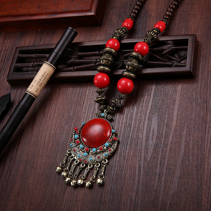 Ethnic Tibetan Decoration Bohemian Necklace Retro Bell Wooden Beads Sweater Chain Dance Pendant Red Gemstone