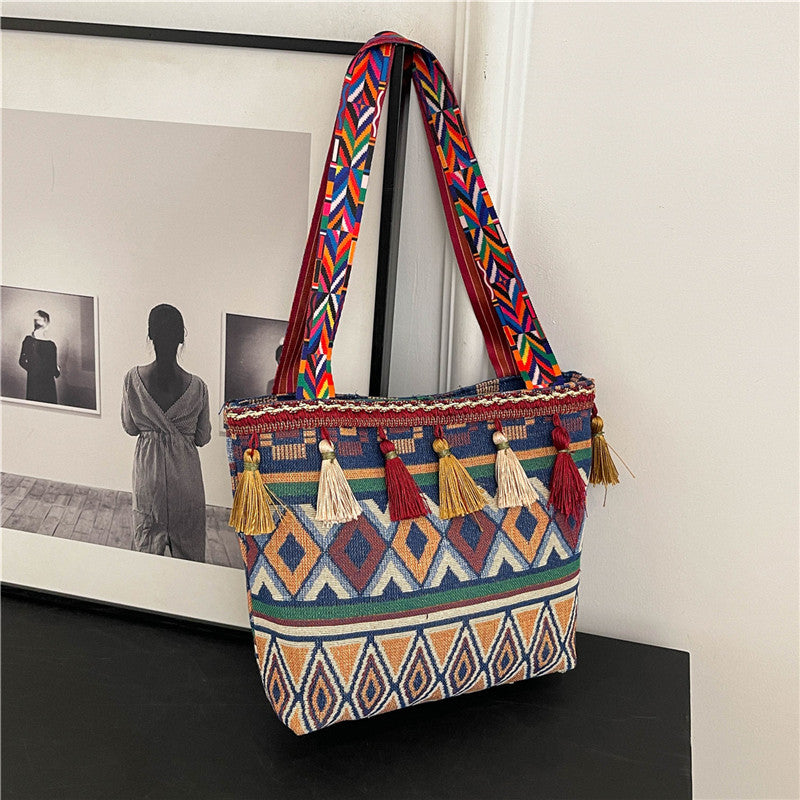 Large-capacity ethnic style canvas bag new shoulder bag commuter tote bag armpit bag