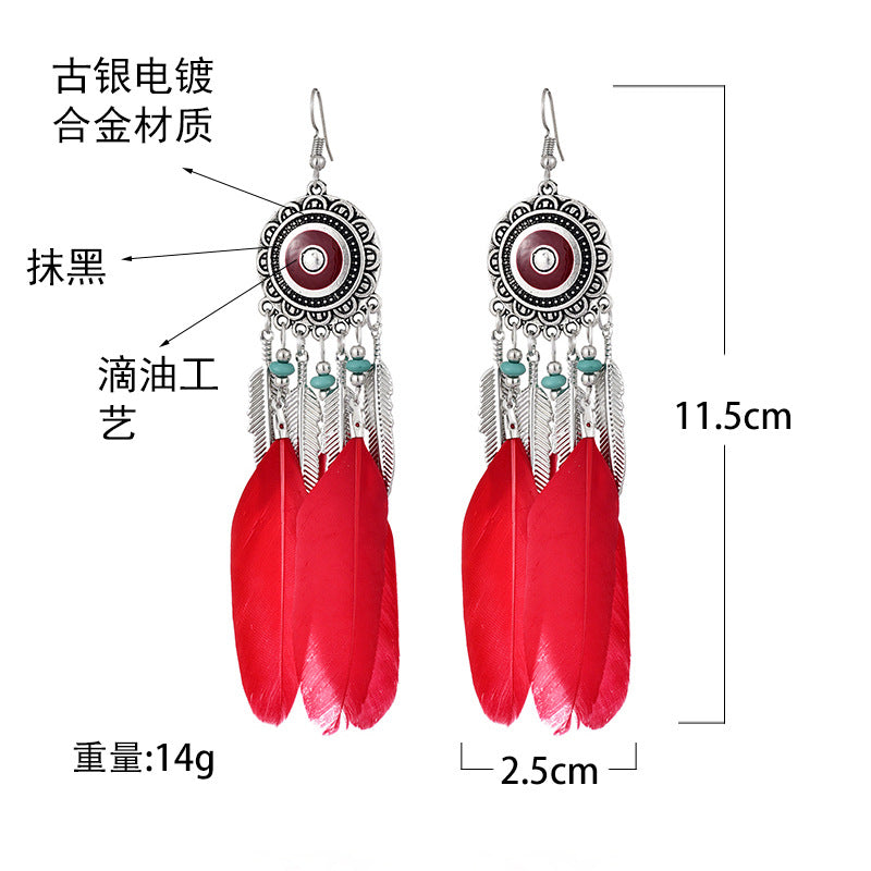 Retro feather earrings, versatile tassel long accessories, ethnic style performance accessories, niche design earrings