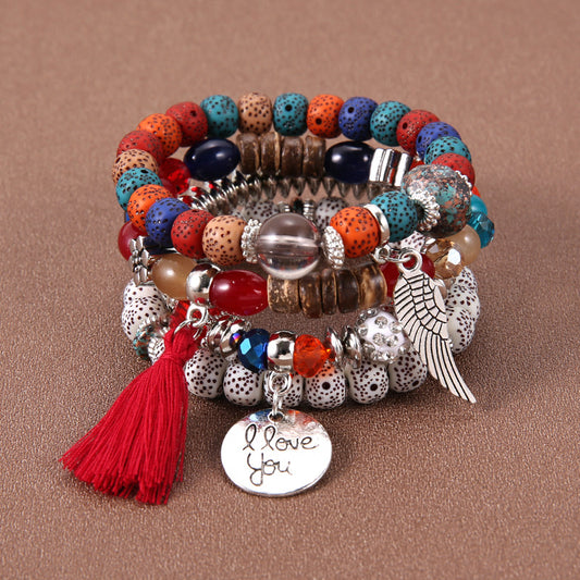 Bohemian multi-layer beaded bracelet rice beads colorful ethnic style bracelet elastic letters