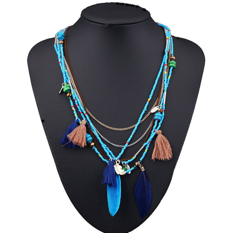 Ethnic style multi-layer necklace original handmade beaded feather small tassel sweater chain