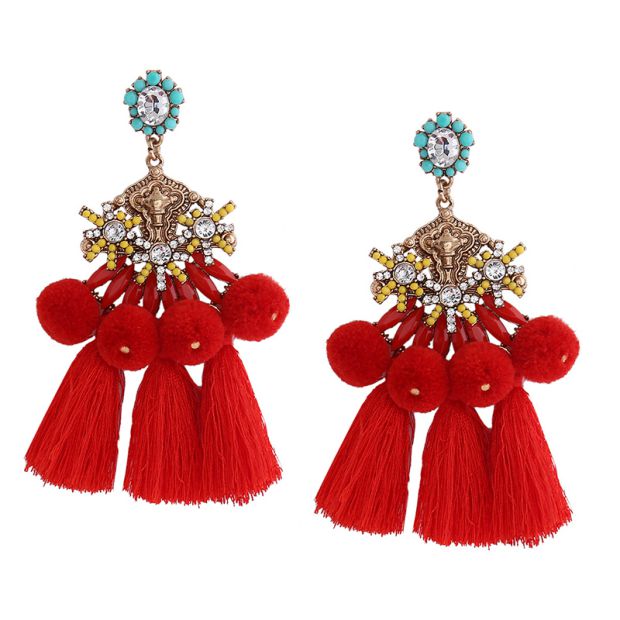 Tassel Earrings Furball Retro Colored Crystal Long Earrings