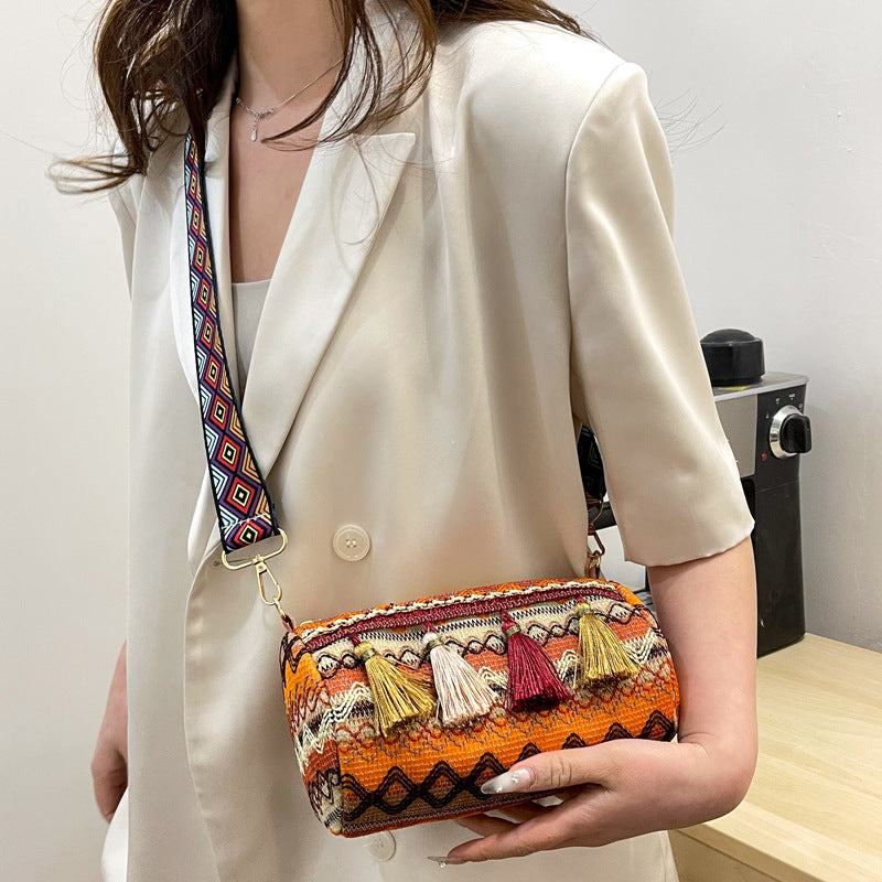 Ethnic style crossbody bag wide shoulder strap pillow bag