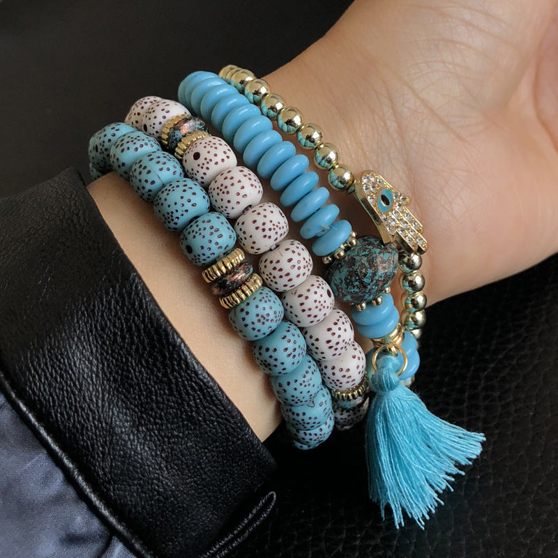 Ethnic style multi-layered bracelet Bohemian red glass bracelet tassel pendant hand rope jewelry