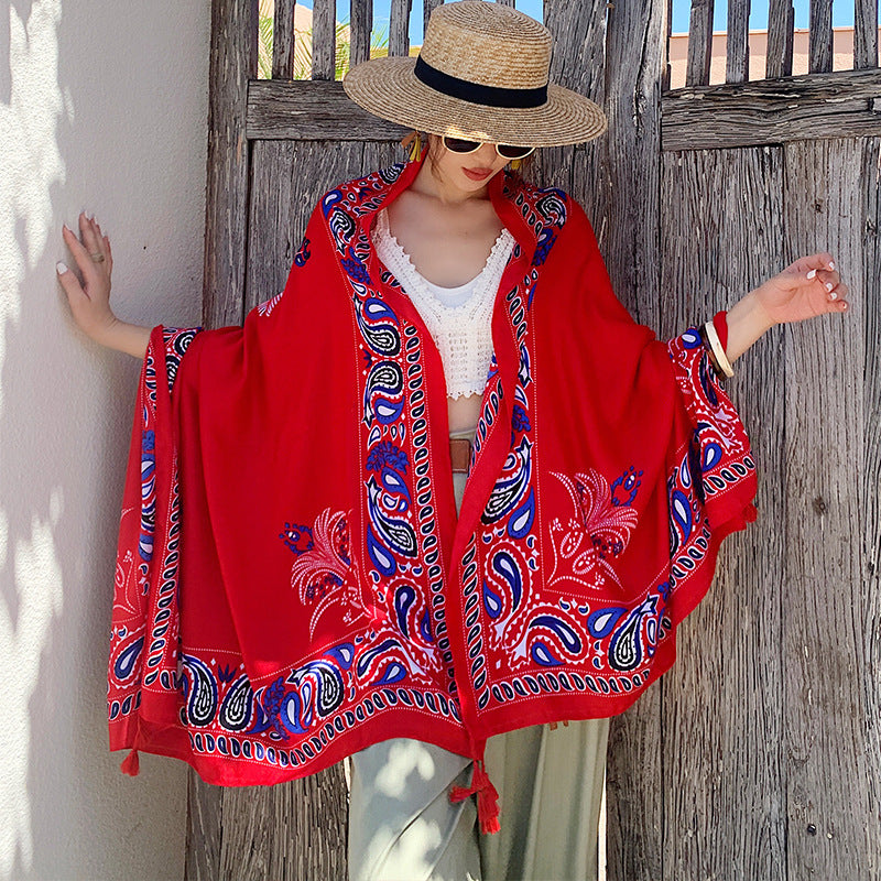 Ethnic style scarf, sun protection shawl, travel beach towel, thin red gauze scarf