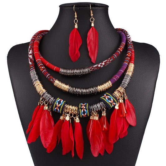 Bohemian multi-layered braided necklace feather pendant performance ethnic accessories