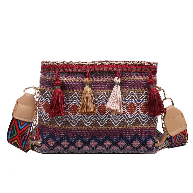 Ethnic style crossbody wide shoulder strap tassel small square bag