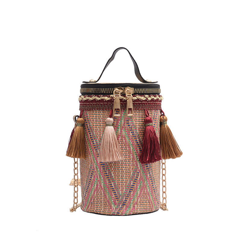 Cylindrical bag, ethnic style crossbody bag, artistic shoulder bag, tassel handbag