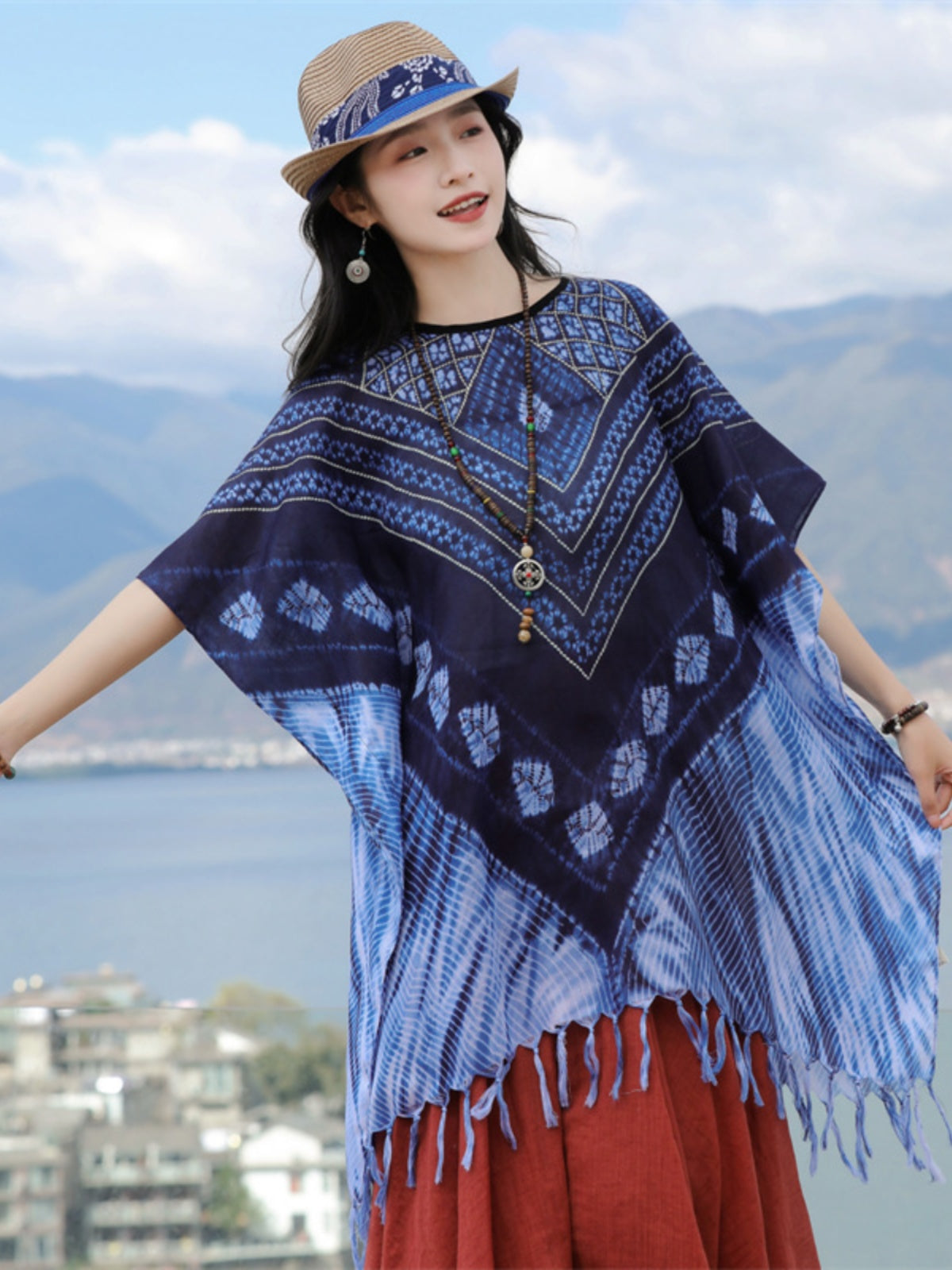 Tie-dye printed ethnic style shawl, retro cape, thin tassels, blouse and scarf