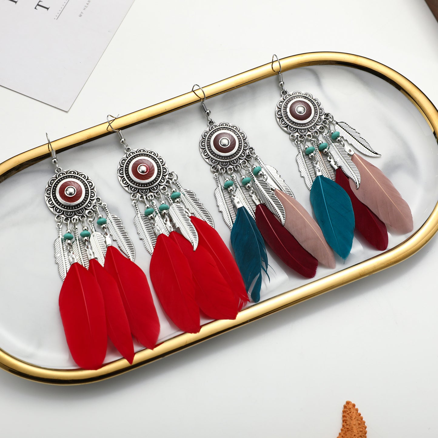 Retro feather earrings, versatile tassel long accessories, ethnic style performance accessories, niche design earrings