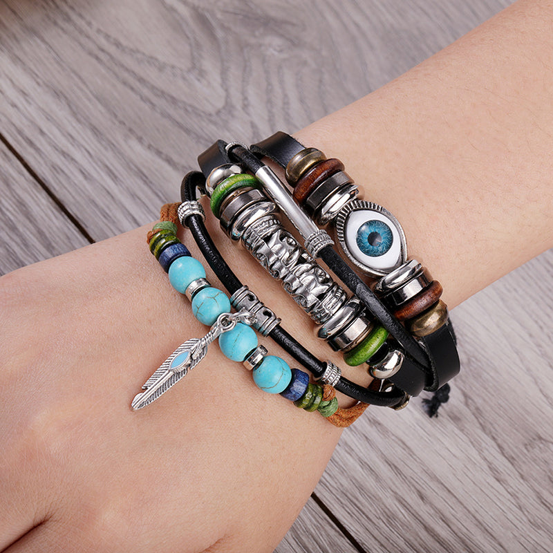 Personalized punk style multi-layered bracelet with eyes and turquoise bracelet, fashionable and versatile beads and leather rope