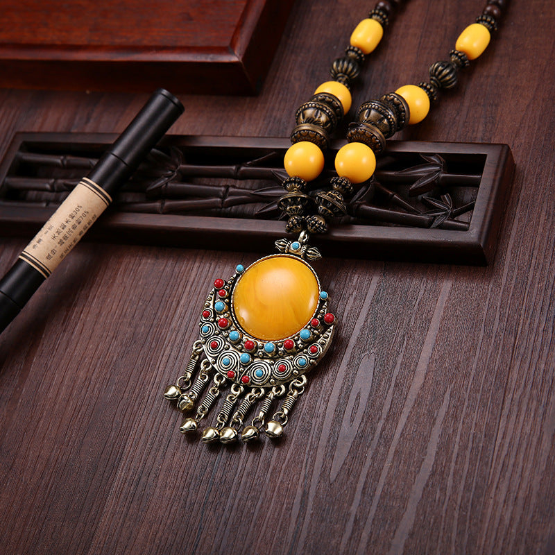 Ethnic Tibetan Decoration Bohemian Necklace Retro Bell Wooden Beads Sweater Chain Dance Pendant Red Gemstone