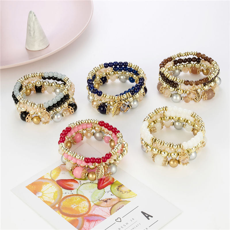 Multi-layered hand-decorated fashion beaded bracelet punk leaf hand-decorated gift