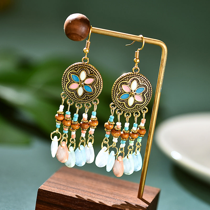 Bohemian style earrings, retro water drop tassels, trendy Yunnan style earrings, versatile personality and temperament earrings for women