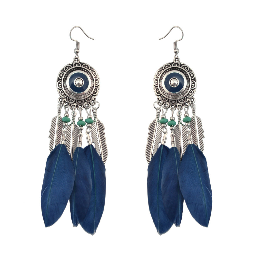 Retro feather earrings, versatile tassel long accessories, ethnic style performance accessories, niche design earrings