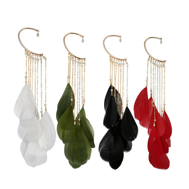 Non-pierced feather earrings bohemian long tassel