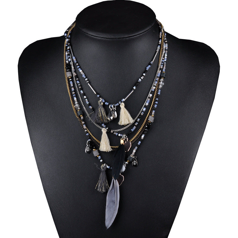 Ethnic style multi-layer necklace original handmade beaded feather small tassel sweater chain