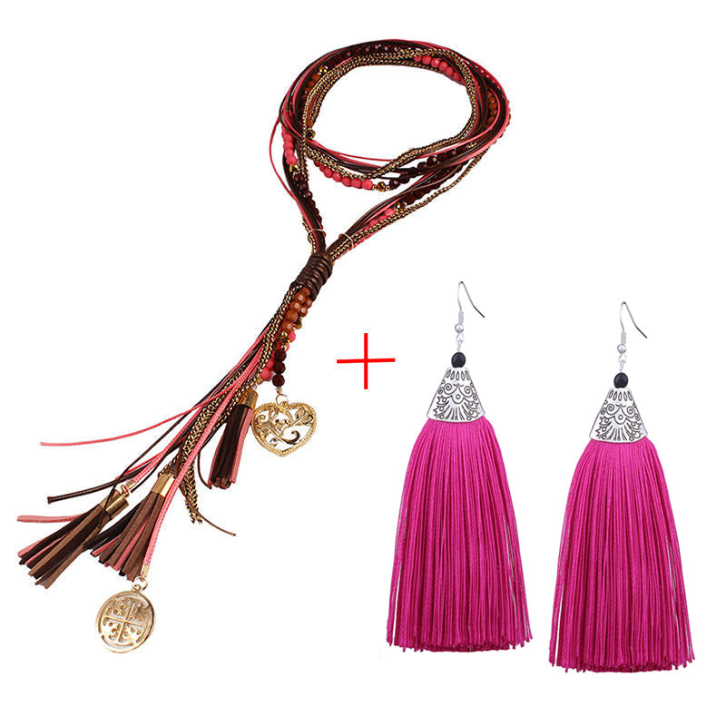 Retro bohemian long necklace set ethnic style earrings