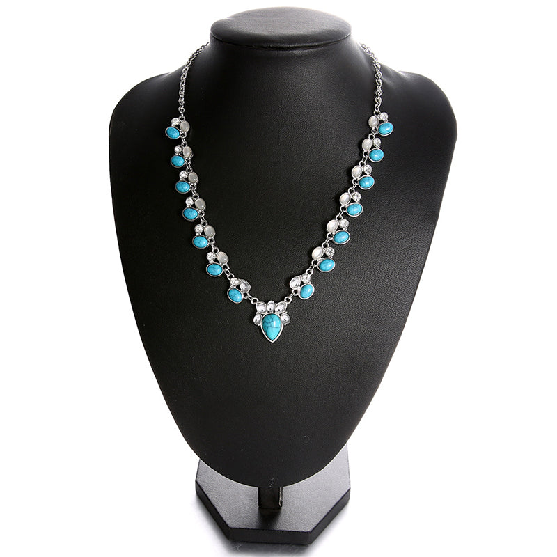 Bohemian blue turquoise necklace water drop stone clavicle chain rhinestone short choker