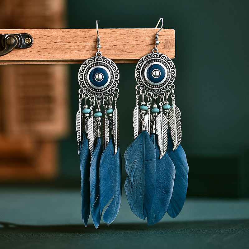 Retro feather earrings, versatile tassel long accessories, ethnic style performance accessories, niche design earrings