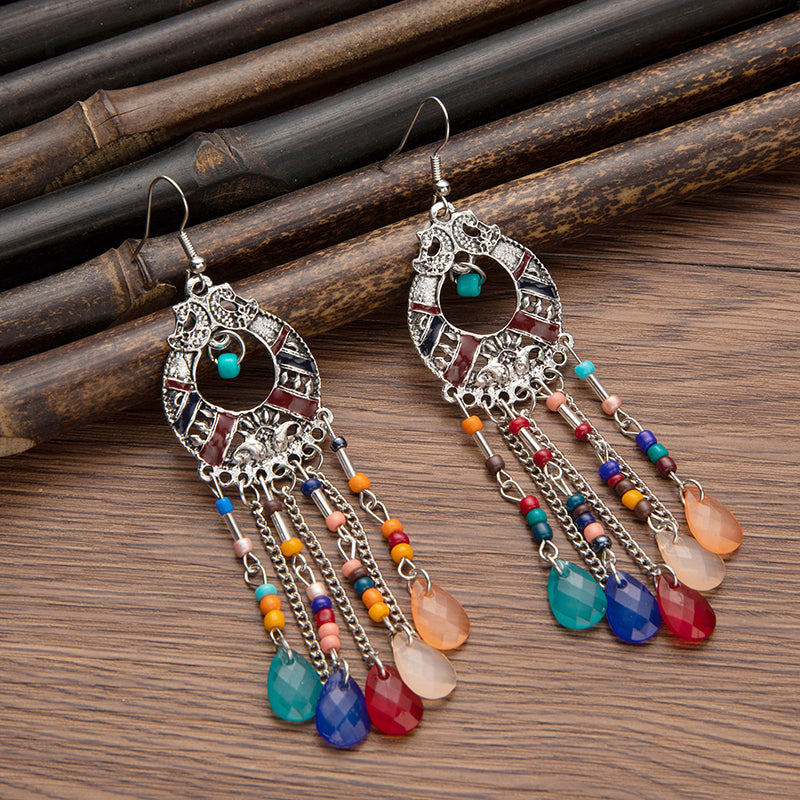 Bohemian resin water drop tassel earrings, retro temperament, personalized earrings, ethnic style long accessories