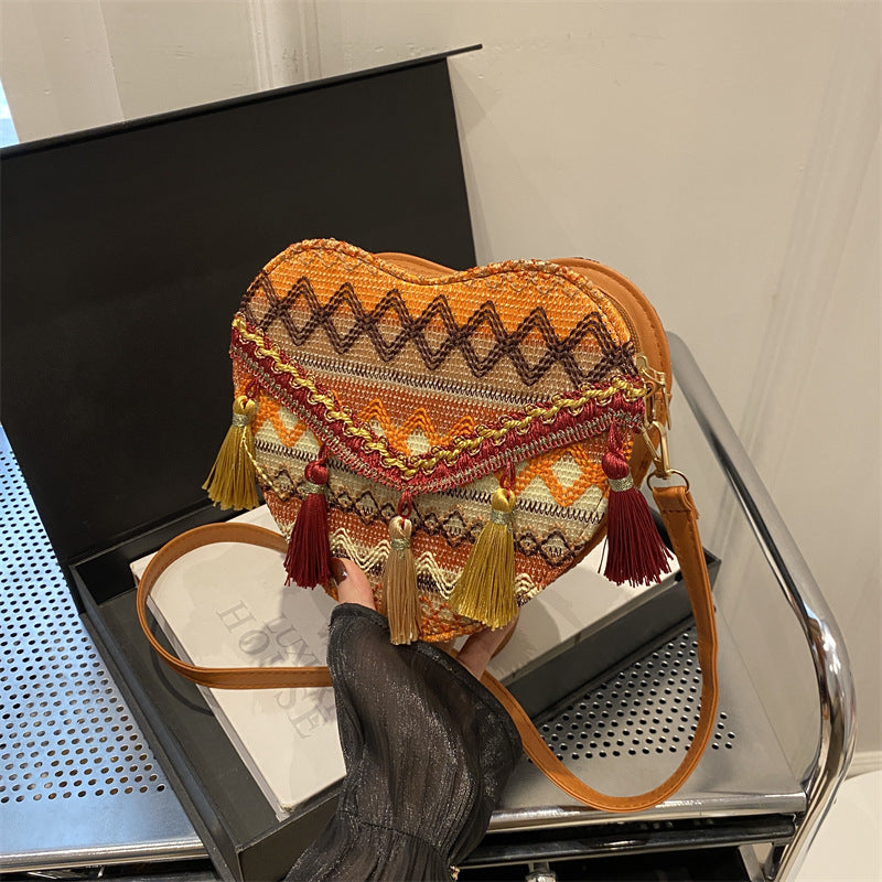 Ethnic style travel bag, special gift woven tassel bag