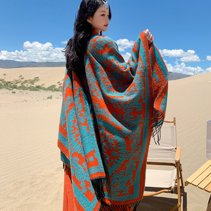 Ethnic style shawl retro literary hooded cloak travel photo cloak thickened warm scarf