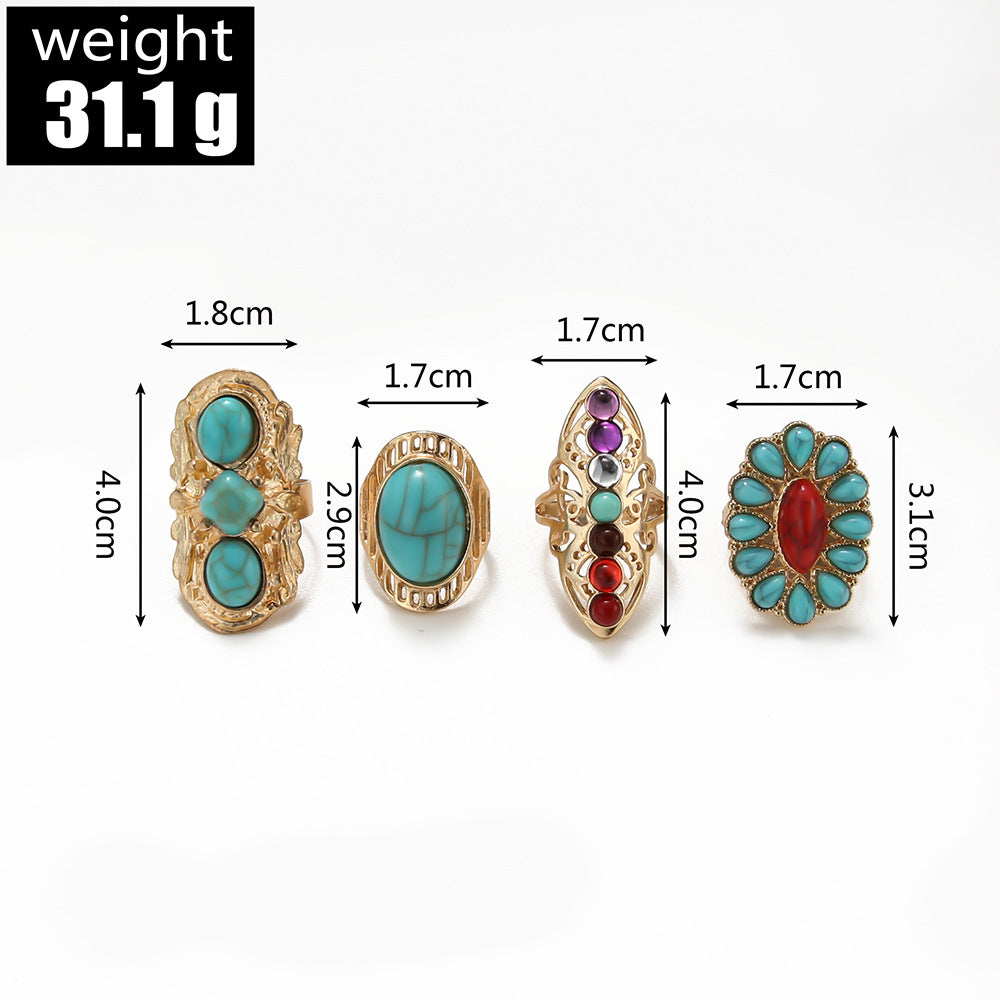 Turquoise Ring Trendy Fashionable Colorful Stone 4-piece Set Combination Knuckle Ring Accessories