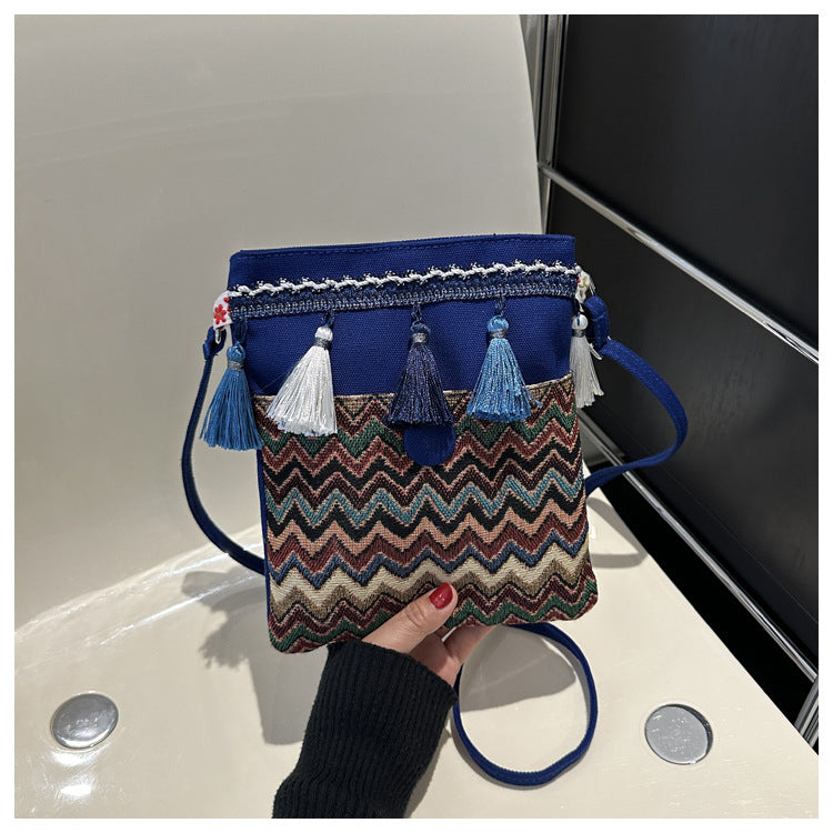 Ethnic holiday wave embroidered tassel crossbody bag