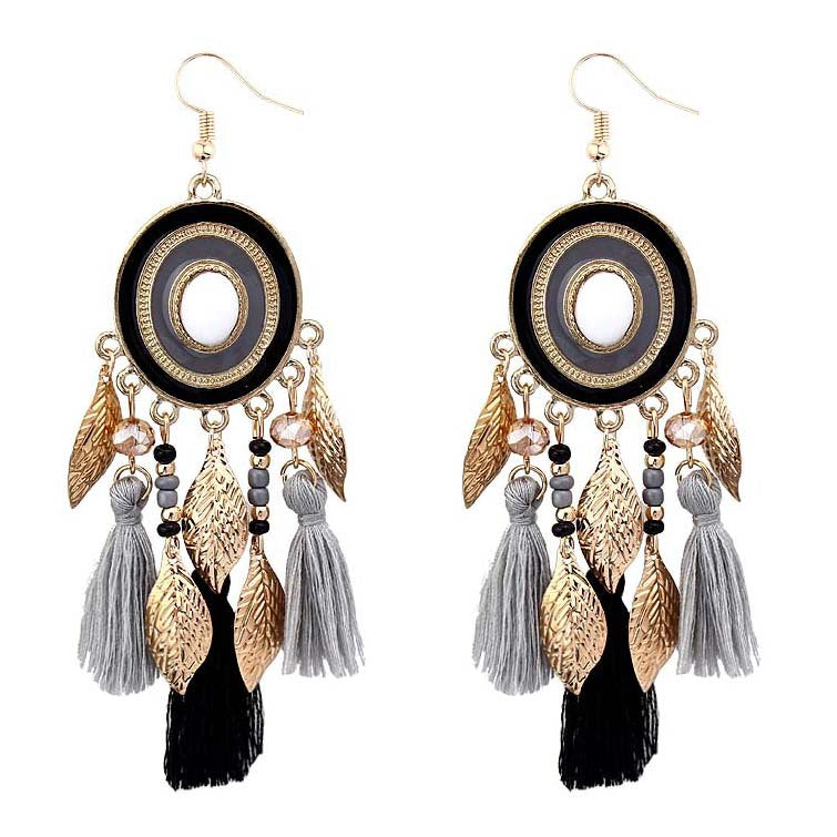 Ethnic style tassel long style versatile earrings gold leaf travel accessories