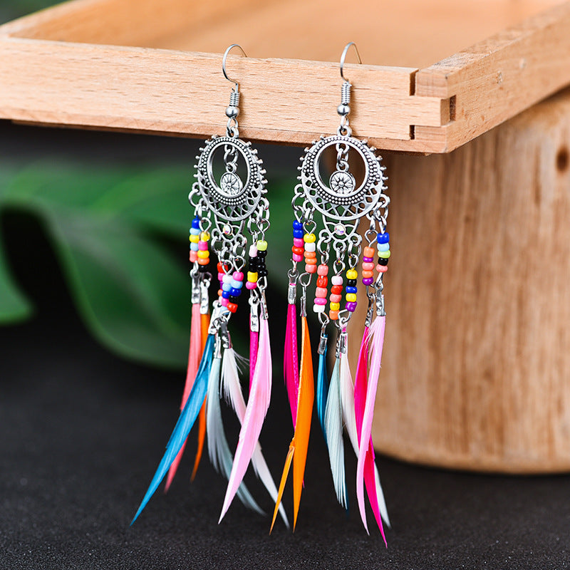 Bohemian style feather earrings, colorful and versatile long earrings, retro ethnic style earrings