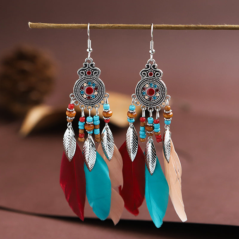 Chinese style red earrings festive feather tassel long earrings earrings