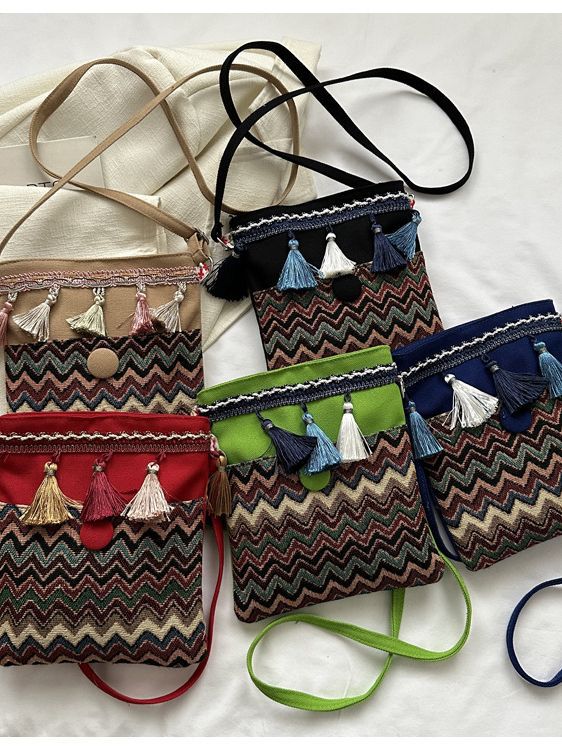 Ethnic holiday wave embroidered tassel crossbody bag