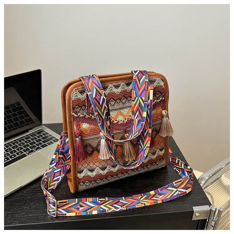 Ethnic style crossbody wide shoulder strap tassel bucket bag