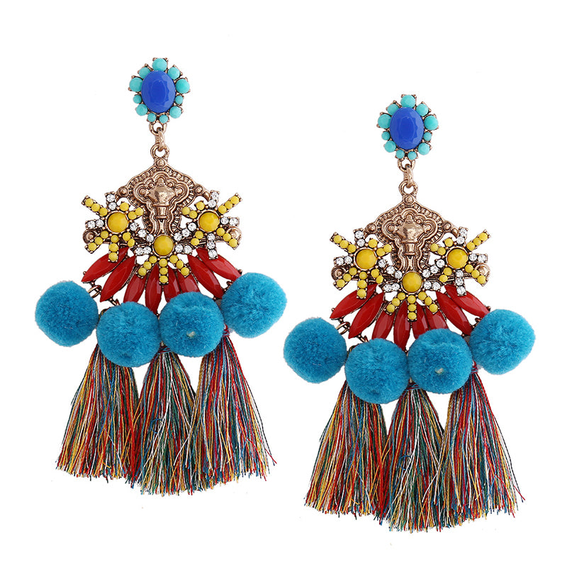 Tassel Earrings Furball Retro Colored Crystal Long Earrings