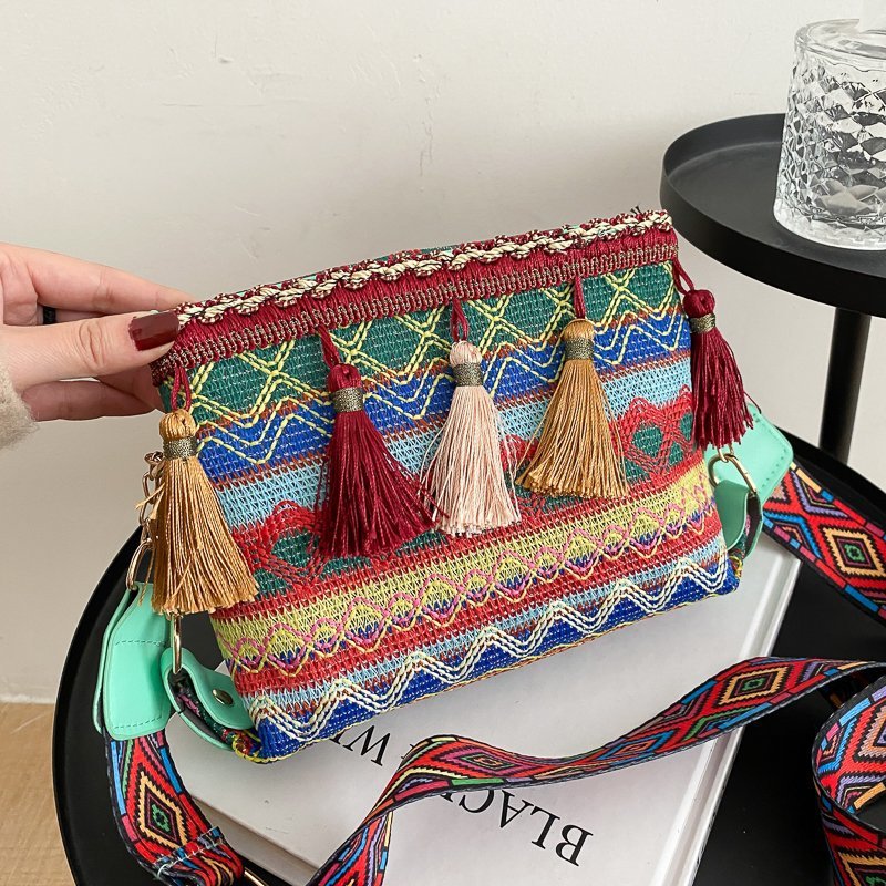 Ethnic style crossbody wide shoulder strap tassel small square bag