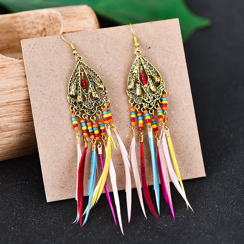 Bohemian style feather earrings, colorful and versatile long earrings, retro ethnic style earrings