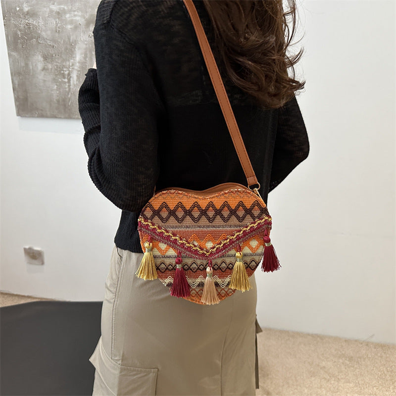 Ethnic style travel bag, special gift woven tassel bag